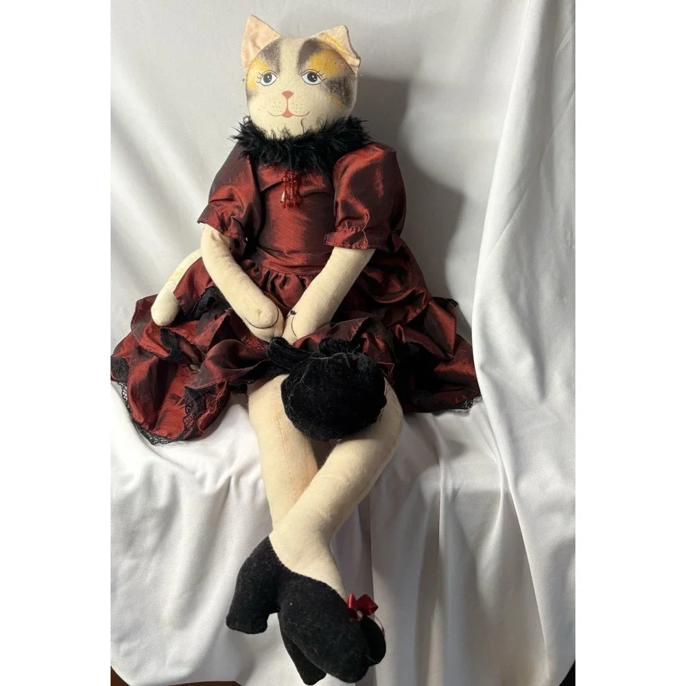 Vintage 1990's Artisan Folk Art Hand-Painted Cloth Cat Doll